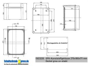 ISO GFK Kunststoff Industriegehäuse 270x180x171 mm LBH - Deckel grau - Outdoor Gehäuse Grau uv-beständig