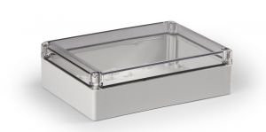 Polycarbonate housing grey 250x175x75 LxWxH with transparent lid