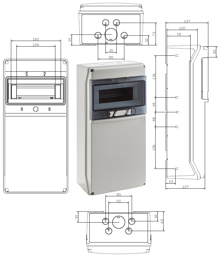 IP65 wall distributor single row 9 modules TE for socket outlets