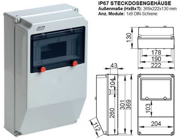 IP67 Wandverteiler leer 1x9TE mit großem Klemmraum und Hutschiene - VE