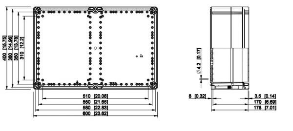 Polycarbonate housing 600x400x185mm plastic smooth IP66 transparent cover