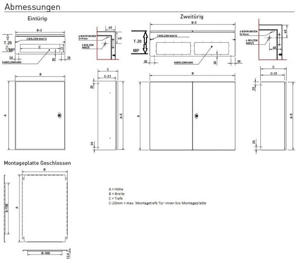 Schaltschrank 600x1000x300 mm (HBT) IP55  2-türig mit verz. Montageplatte