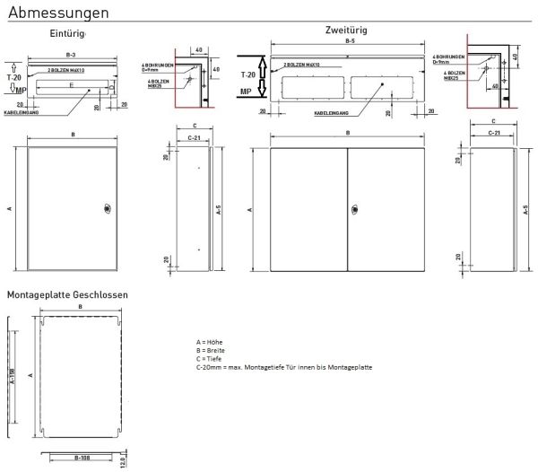 Schaltschrank 500x500x200 mm mit Sichttür HBT IP66  incl. verzinkter Montageplatte