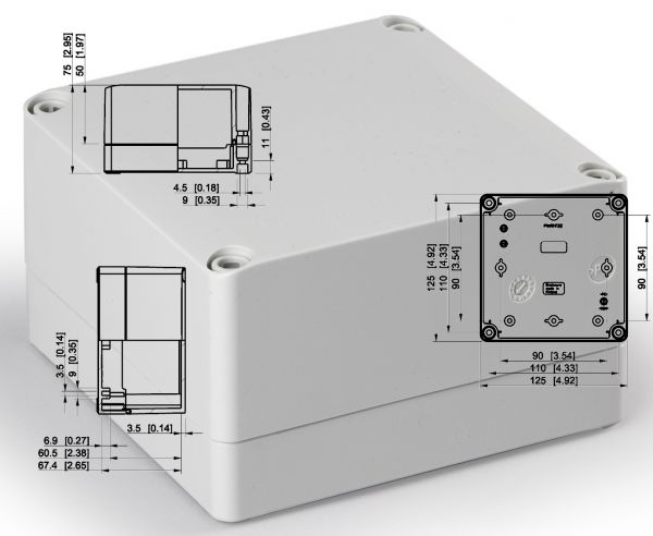 Polycarbonatgehäuse grau 125x125x75mm LxBxH IP66 25mm UT