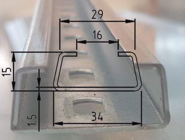 1m C-Profil-Trapez-Schiene 34x15mm gelocht