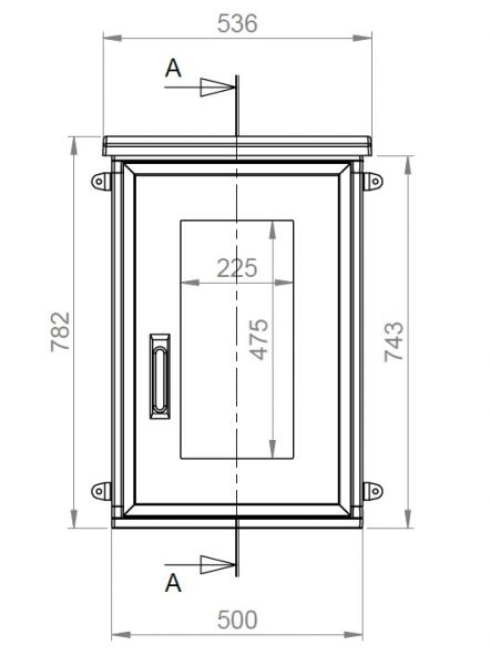 Outdoor Gehäuse 750x500x300 mm (HBT) mit Sichttür offen und Regendach