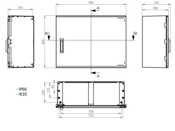 IP66 plastic housing 600x800x300mm (HWD) with swivel handle without lock