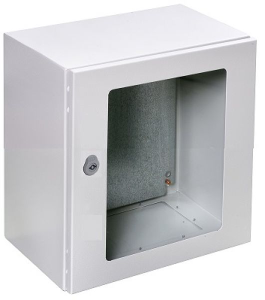 control cabinet 300x300x200 mm HBT IP66 with glazed door, galvanized metal mounting plate and earth strap