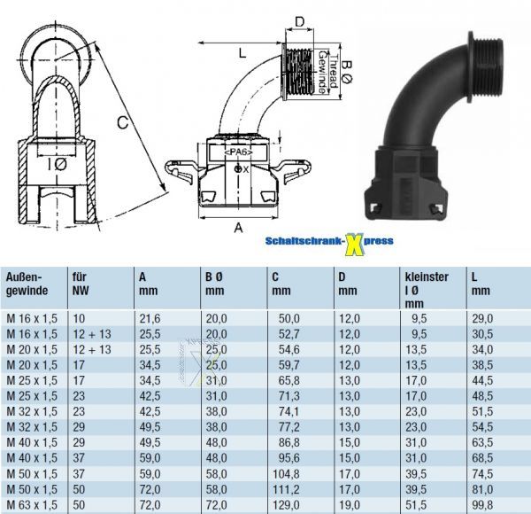 Bogen Verschraubung M32 auf Wellrohr NW29 metrisch Winkel 90°