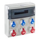 Wall distributor IP65 18TE with 3x 230V 3P and 3x 32A 5p 400V sockets IP44 pre-wired without fuse